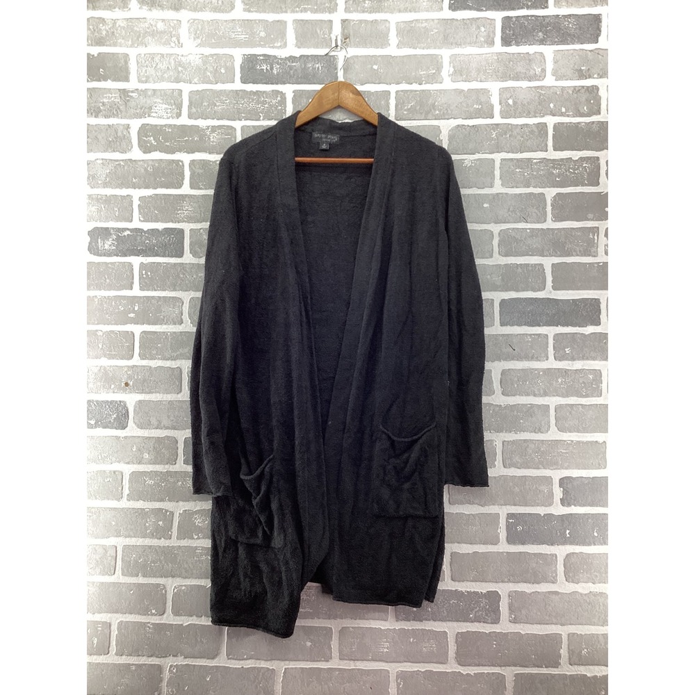 Barefoot Dreams CozyChic Lite Cardigan Black Carbon Open Front Pocket M BWC1321